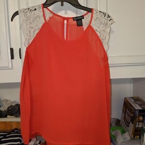 Sheer, coral color, lace detail shoulder